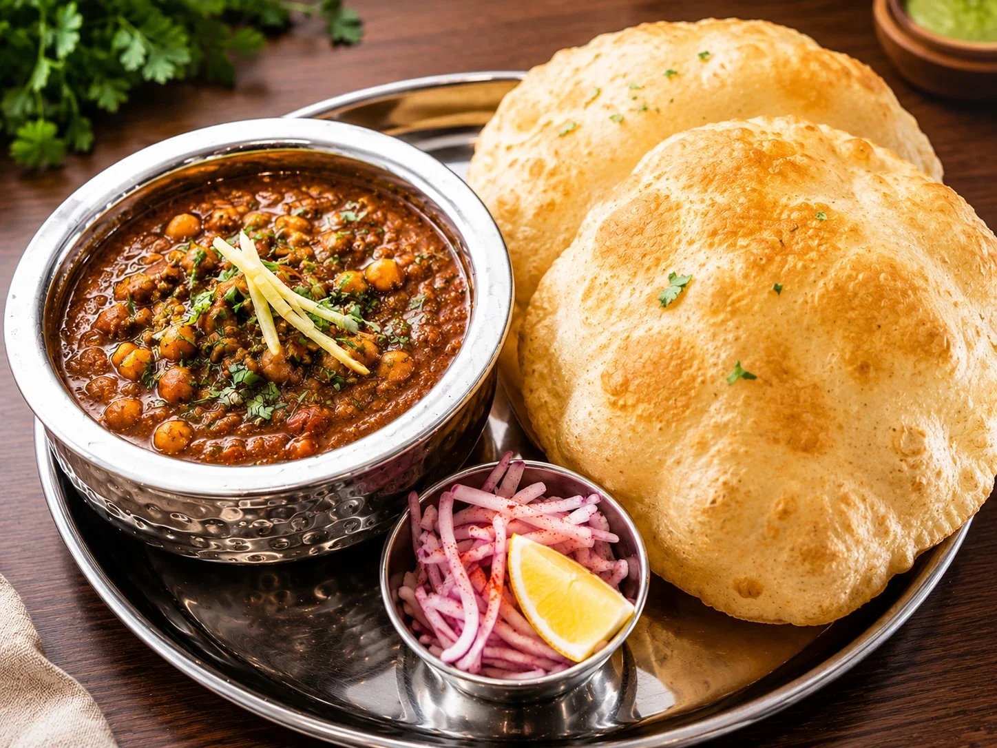 Slow-cooked spiced chickpea curry garnished with fresh ginger and coriander at Sevana