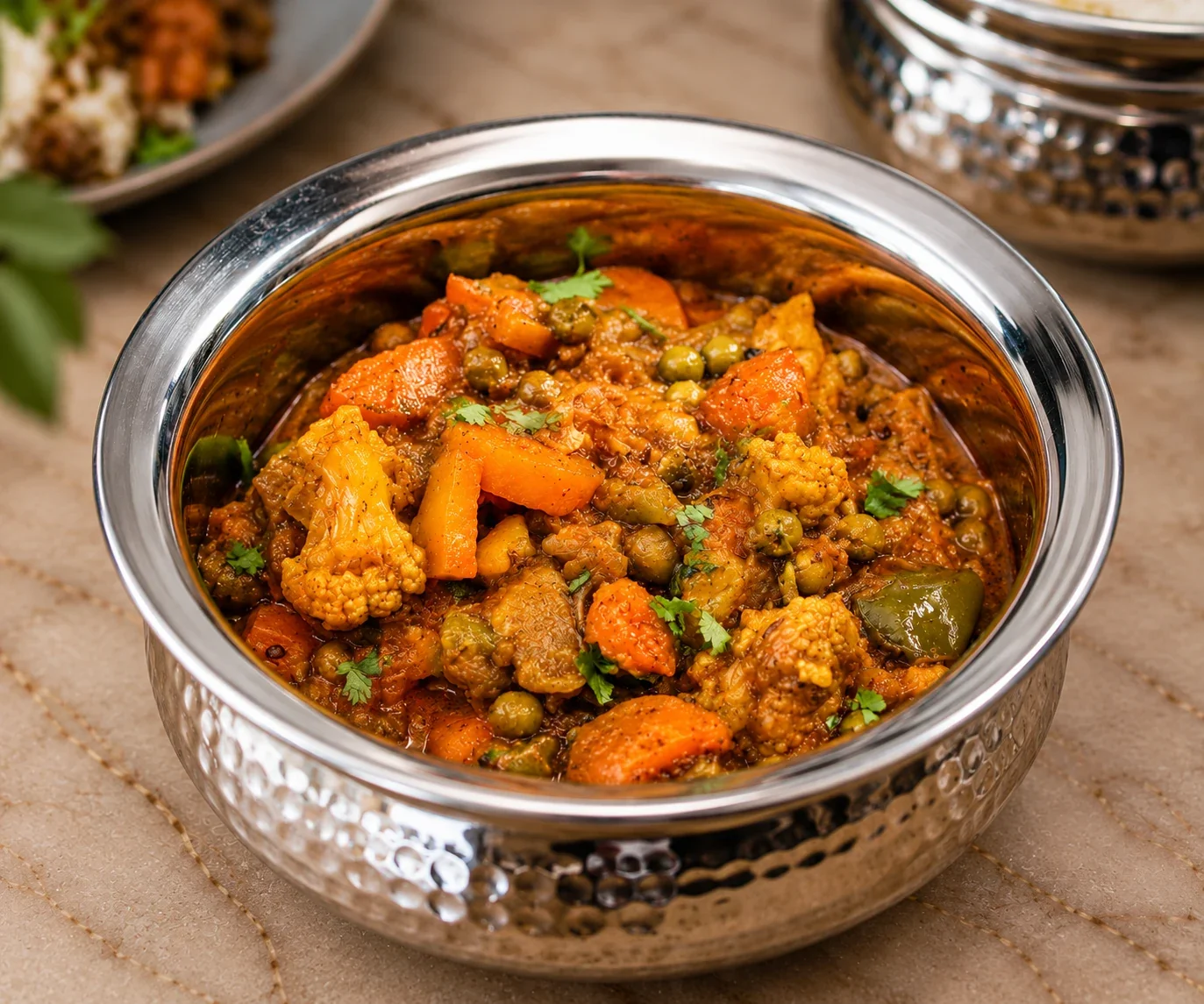 Seasonal garden vegetable curry simmered with spices at Sevana