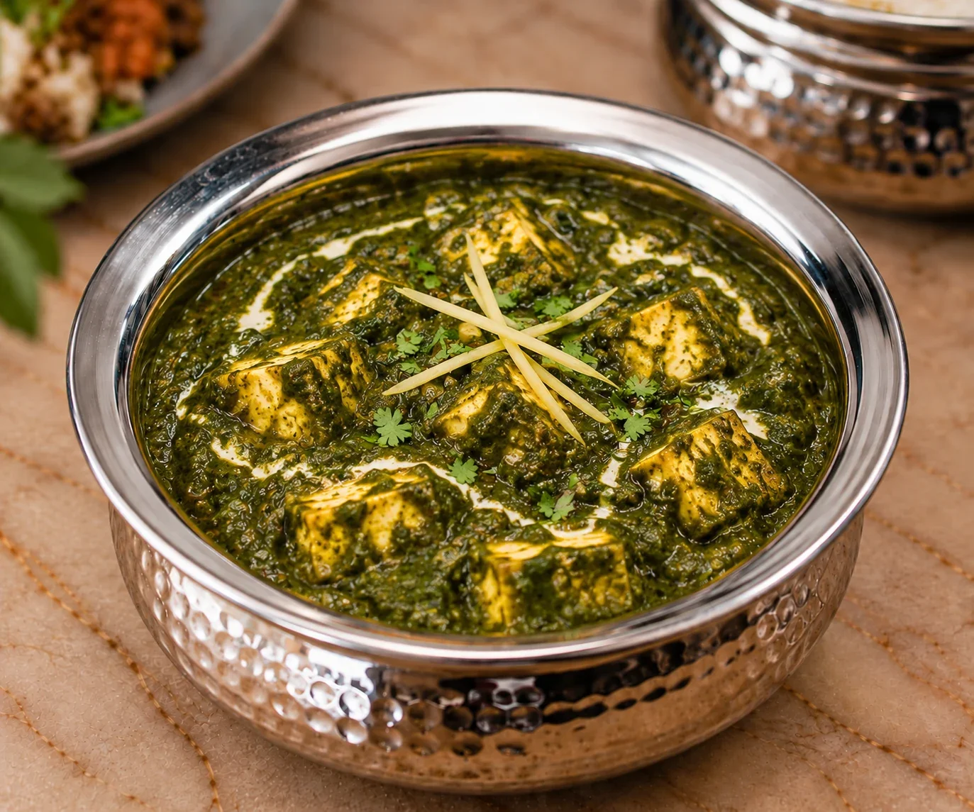 Slow-simmered traditional spinach and fenugreek saag at Sevana
