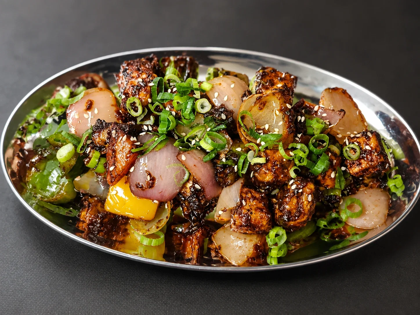 Wok-tossed Chilli Tofu with crisp peppers and scallions at Sevana